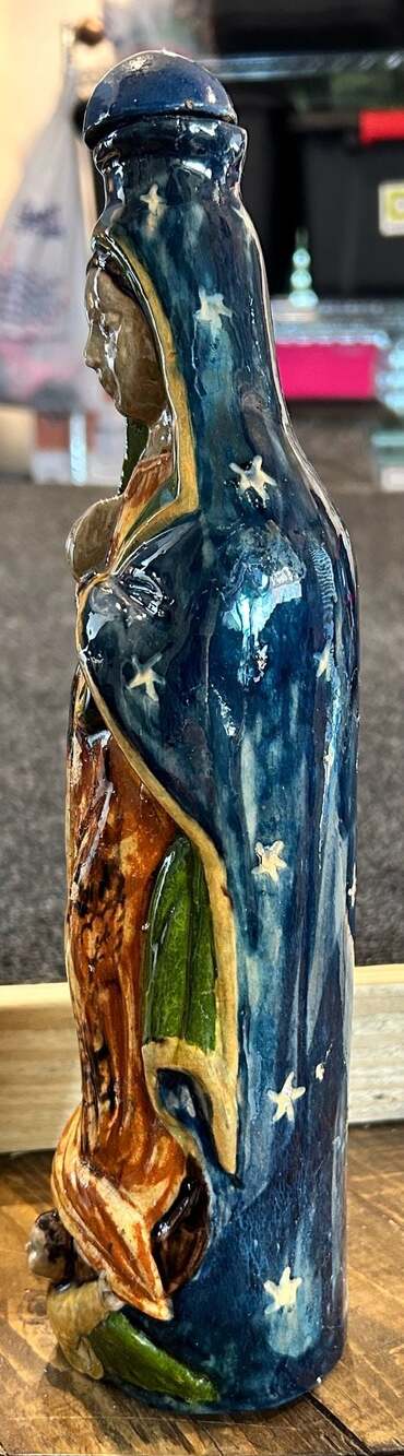 Vintage Tlaquepaque Mexican Folk Art Ceramic Virgin of Guadalupe Holy Water Bott - Picture 5 of 7